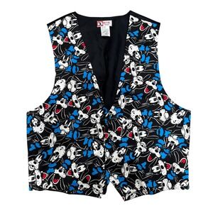 Vintage Mickey Inc Disney Goofy All Over Print Silk Vest Black Blue L XL RN73469